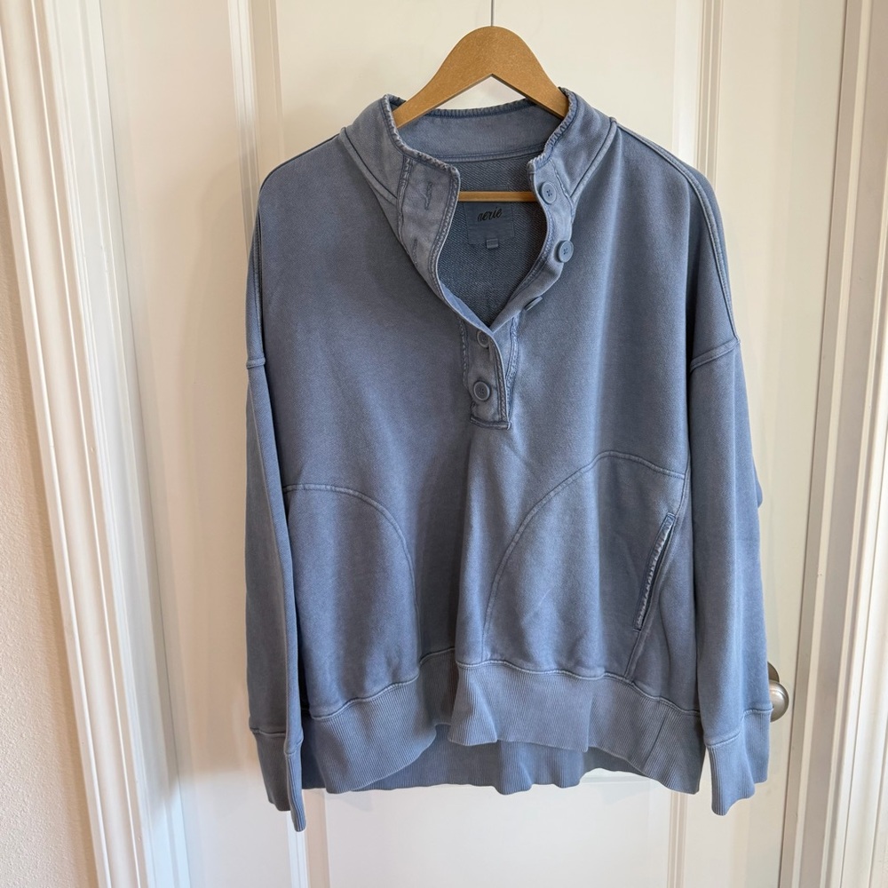 Aerie Cozy Hoodie Womens Large Dusty Blue Partial Button Oversized Boho Pockets
